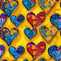 Colorful heart shapes with swirling abstract designs on yellow background create seamless pattern. Vibrant blue, red, and purple hearts with fluid artistic elements.