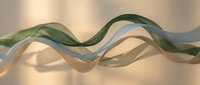 Flowing translucent ribbons in green and beige tones creating elegant waves against soft neutral background for modern design projects.