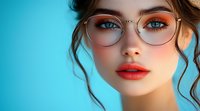 Young woman with bright orange eyeshadow, red lips and round glasses against blue background. Trendy makeup and beauty portrait showcasing contemporary cosmetic artistry.