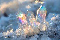 Iridescent crystal formations with rainbow reflections emerging from snow creating magical winter scene with prismatic light effects and ethereal atmosphere.