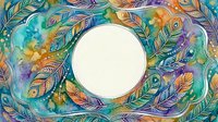 Watercolor boho frame with ornate feathers in teal, gold, and purple tones surrounding a round white copy space for text.