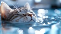 Peaceful tabby kitten swimming in blue water with eyes closed, face partially submerged showing relaxation and tranquility.