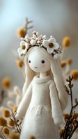 Sweet handmade doll in white knitted dress and floral crown surrounded by dried flowers, artistic still life composition with soft bokeh background.