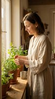 Woman in casual linen clothing tending to potted herbs on sunny windowsill indoors. Mindful gardening, home plant care, wellness lifestyle.