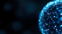 Glowing blue digital sphere with connected dots and lines forming network pattern on dark background, representing global technology and connectivity.