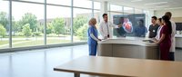 Medical team discussing patient case with heart scan on monitor in modern hospital conference room with diverse healthcare professionals collaborating.