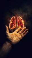 Hand holding glowing lungs with fiery orange light effect against dark background. Concept for respiratory health, disease awareness, medical education, and healthcare communication.