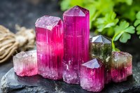 Pink and green tourmaline crystal cluster on dark stone background with natural green foliage, showing raw mineral formation with prismatic structure.