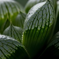 Close-up macro shot of green hosta leaves with detailed vein patterns and water droplets, showcasing natural texture and organic garden foliage.