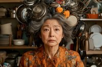 Senior Asian woman with messy gray hair adorned with kitchen utensils and marigold flowers wearing orange floral pattern dress, standing in cluttered kitchen environment.