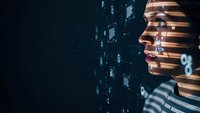 Young woman with digital data projections on face analyzing futuristic holographic interface in dark tech environment for AI and machine learning concepts.