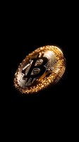 Golden cryptocurrency coin with circuit pattern on black background, dramatic lighting highlights metallic texture and digital currency symbol.