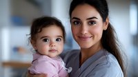 Young female healthcare worker in gray scrubs holding adorable baby girl in pink sweater, both smiling warmly in medical office setting with soft natural lighting.