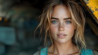 Young Caucasian woman with blue eyes and freckles wearing turquoise top, messy blonde hair, natural makeup look against blurred background. Soft lighting portrait captures genuine expression.
