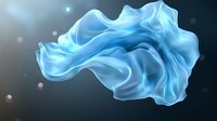 Ethereal flowing blue silk fabric floating in dark space with glowing particles and smooth wave-like motion creates atmospheric artistic composition.