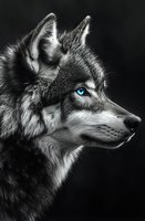 Gray wolf with piercing blue eyes in profile view against dark background, dramatic black and white photography with selective color highlighting wild animal's intense gaze.