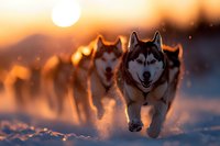 Siberian Husky dogs running in snow at golden sunset with sun flare and flying snow particles creating magical winter atmosphere for outdoor adventure photography.