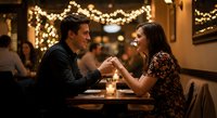 Happy couple enjoying romantic dinner date in cozy restaurant with warm lighting and festive decorations creating intimate dining atmosphere.