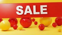 Bright sale banner with colorful spheres on yellow background for retail marketing and promotional campaigns.