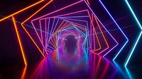 Futuristic neon tunnel with glowing geometric frames creating infinite perspective in vibrant colors for digital art and sci-fi design projects.