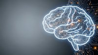 Digital brain with glowing neural networks and circuit board connections representing artificial intelligence and machine learning technology concepts.