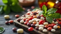 Colorful dried beans and legumes assortment with fresh mint leaves on dark wooden board, food ingredients background for healthy cooking and nutrition.