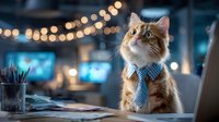 Ginger cat wearing blue striped necktie sitting at desk with laptop and office supplies, string lights creating warm ambiance in background.