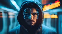 Mysterious hooded figure in dark tunnel with futuristic blue lighting and bokeh effects. Urban night atmosphere with cinematic cyberpunk mood creates dramatic portrait.