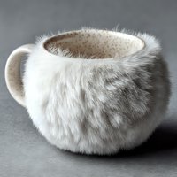Cozy white fur-covered ceramic mug with speckled interior on gray surface for winter comfort and hygiene concept.