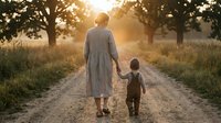 Woman and child walking hand in hand on rural dirt road during golden hour sunset, family bonding moment in countryside with warm sunlight filtering through trees.