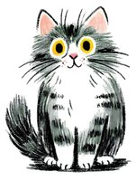 Charming gray and white cat with big yellow eyes drawn in soft pencil style on white isolated background, featuring fluffy fur and expressive face. Great for children decor.