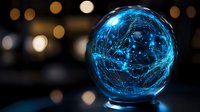 Glowing blue sphere with network connections on dark background with bokeh lights, representing global digital technology and communication networks.