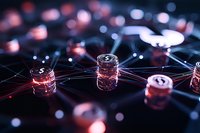 Glowing red network connections with digital nodes on dark background illustrate modern data transfer and communication technology concept.