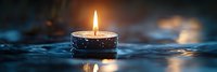 Burning candle floating on dark blue water surface with reflection. Panoramic meditation and spa wellness concept creating peaceful atmosphere.