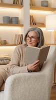 Mature Caucasian woman with gray hair and glasses reading book in comfortable armchair at home with modern illuminated bookshelves in background.