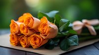 Fresh orange roses bouquet with green leaves lying on kraft paper against blurred natural background, romantic floral gift arrangement.