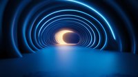 Futuristic glowing neon tunnel with curved lines and bright light at the end creates dramatic perspective. Blue and orange illuminated archway reflects on glossy floor.