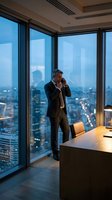 Mature businessman talking on phone in modern office with city skyline view during evening hours for corporate communication and executive lifestyle.