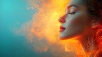 Ethereal female profile with glowing orange smoke effect against turquoise background, closed eyes and red lips creating mystical atmospheric portrait.