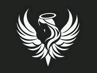 White angelic figure with spread wings and halo on black background, minimalist style logo design isolated for branding and creative projects.