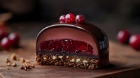Luxurious chocolate dessert with cranberry filling on crunchy base garnished with fresh berries, close up view on wooden surface. Dark food photography.