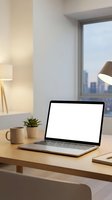 Modern laptop with blank white screen on wooden desk in bright office workspace with city view window for business presentations and remote work.
