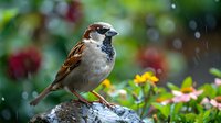 House sparrow perched on rock amid colorful garden flowers during light rain, creating natural wildlife scene for nature photography.