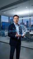 Professional businessman holding digital globe network in modern office with city skyline view representing global connectivity and technology innovation.