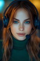 Young Caucasian female customer service representative wearing headset with microphone in modern office environment with warm lighting.