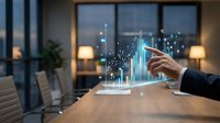 Businessman hand touching holographic financial charts and data analytics in modern office conference room for investment strategy and market analysis.