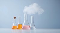Laboratory glassware with colorful liquids and floating cloud above, creative minimal composition on light blue background for science concept.