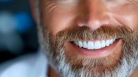 Close up view of bright white smile with well-groomed brown and gray beard against blurred blue background, showing healthy teeth and genuine happiness.