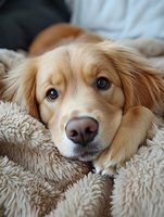 Golden retriever resting on soft blanket with person in background, showing calm expression and relaxed posture for pet care and lifestyle content.