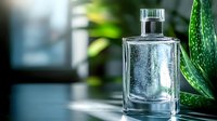 Clear glass perfume bottle with water droplets on modern surface with green plants in blurred background for luxury cosmetics and fragrance advertising.